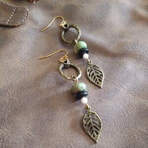 Feminine Bronze Leaf Dangle Earrings 3" ~ Jasper + Agate ~ Fall & Harvest Season